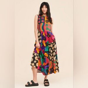 Farm Rio Anthropologie Pop Print A-line Dress Patchwork Floral Midi Size Small